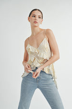 Load image into Gallery viewer, Gold Foil Ruffle Cami Top | ABJT7524 | INSTOCK
