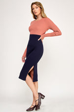 Load image into Gallery viewer, Color Block Ribbed Knit Midi Dress with Side Slit | ABES7513 PINK NAVY