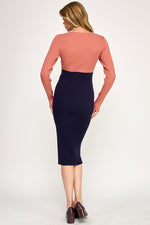 Load image into Gallery viewer, Color Block Ribbed Knit Midi Dress with Side Slit | ABES7513 PINK NAVY