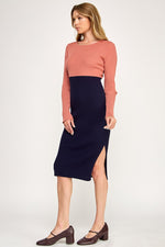 Load image into Gallery viewer, Color Block Ribbed Knit Midi Dress with Side Slit | ABES7513 PINK NAVY