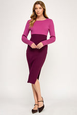 Load image into Gallery viewer, Color Block Ribbed Knit Midi Dress with Side Slit | ABES7513 PINK NAVY