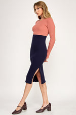 Load image into Gallery viewer, Color Block Ribbed Knit Midi Dress with Side Slit | ABES7513 PINK NAVY
