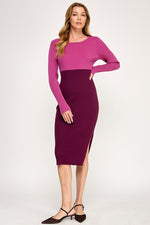 Load image into Gallery viewer, Color Block Ribbed Knit Midi Dress with Side Slit | ABES7513 PINK NAVY