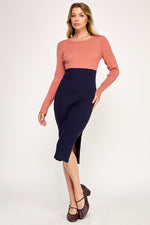 Load image into Gallery viewer, Color Block Ribbed Knit Midi Dress with Side Slit | ABES7513 PINK NAVY