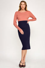 Load image into Gallery viewer, Color Block Ribbed Knit Midi Dress with Side Slit | ABES7513 PINK NAVY