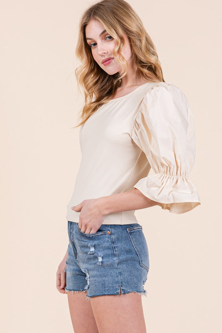 1/2 Puff Sleeve Top | ABST7522 - S-M-L/3-2-1 / NATURAL - Blouse