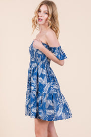 Leaf Print Smocked Off Shoulder Mini Dress | ABSD7526