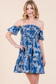 Leaf Print Smocked Off Shoulder Mini Dress | ABSD7526