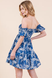 Leaf Print Smocked Off Shoulder Mini Dress | ABSD7526