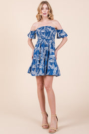 Leaf Print Smocked Off Shoulder Mini Dress | ABSD7526