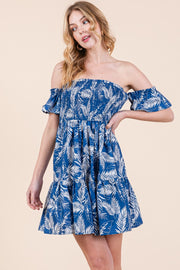 Leaf Print Smocked Off Shoulder Mini Dress | ABSD7526