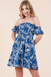 Leaf Print Smocked Off Shoulder Mini Dress | ABSD7526