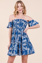 Leaf Print Smocked Off Shoulder Mini Dress | ABSD7526