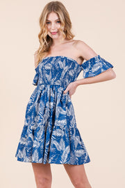 Leaf Print Smocked Off Shoulder Mini Dress | ABSD7526