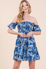 Leaf Print Smocked Off Shoulder Mini Dress | ABSD7526