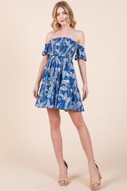 Leaf Print Smocked Off Shoulder Mini Dress | ABSD7526