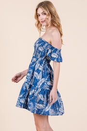 Leaf Print Smocked Off Shoulder Mini Dress | ABSD7526
