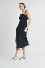Load image into Gallery viewer, Black Smocked Mesh Midi Dress | ABED7508
