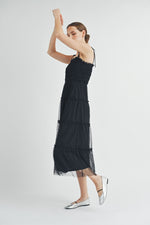 Load image into Gallery viewer, Black Smocked Mesh Midi Dress | ABED7508
