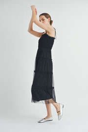 Black Smocked Mesh Midi Dress | ABED7508