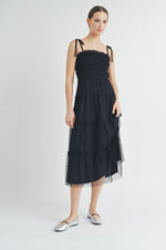 Load image into Gallery viewer, Black Smocked Mesh Midi Dress | ABED7508
