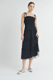 Black Smocked Mesh Midi Dress | ABED7508