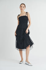 Load image into Gallery viewer, Black Smocked Mesh Midi Dress | ABED7508
