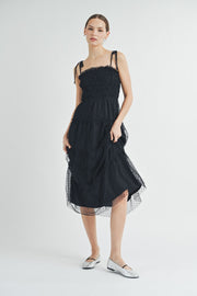 Black Smocked Mesh Midi Dress | ABED7508
