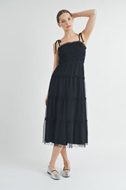 Black Smocked Mesh Midi Dress | ABED7508