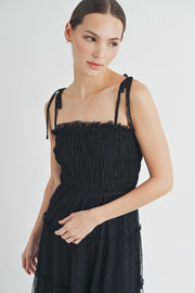 Black Smocked Mesh Midi Dress | ABED7508