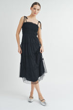 Load image into Gallery viewer, Black Smocked Mesh Midi Dress | ABED7508
