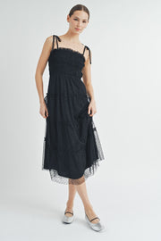 Black Smocked Mesh Midi Dress | ABED7508