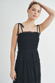 Black Smocked Mesh Midi Dress | ABED7508