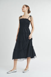Black Smocked Mesh Midi Dress | ABED7508