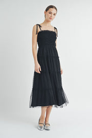 Black Smocked Mesh Midi Dress | ABED7508