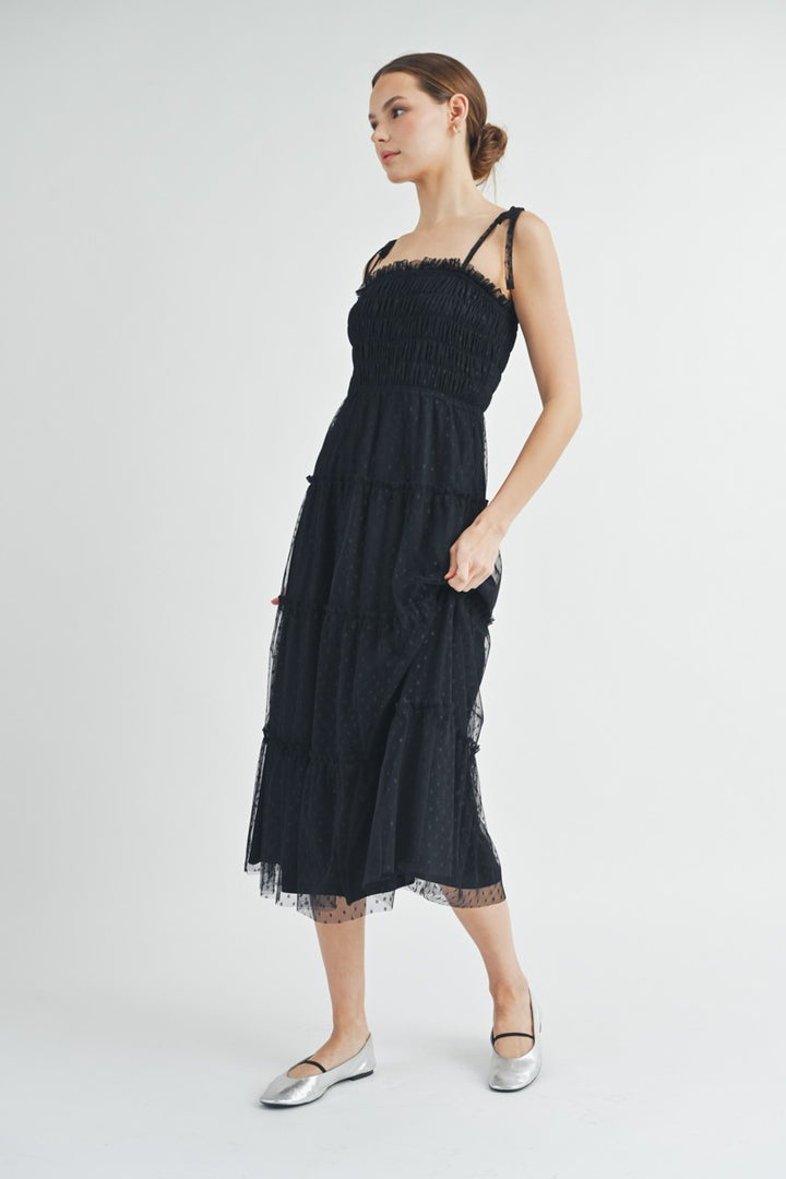 Black Smocked Mesh Midi Dress | ABED7508