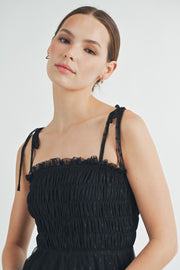 Black Smocked Mesh Midi Dress | ABED7508