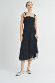 Black Smocked Mesh Midi Dress | ABED7508