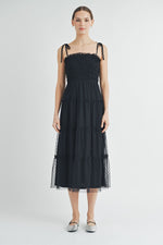 Load image into Gallery viewer, Black Smocked Mesh Midi Dress | ABED7508
