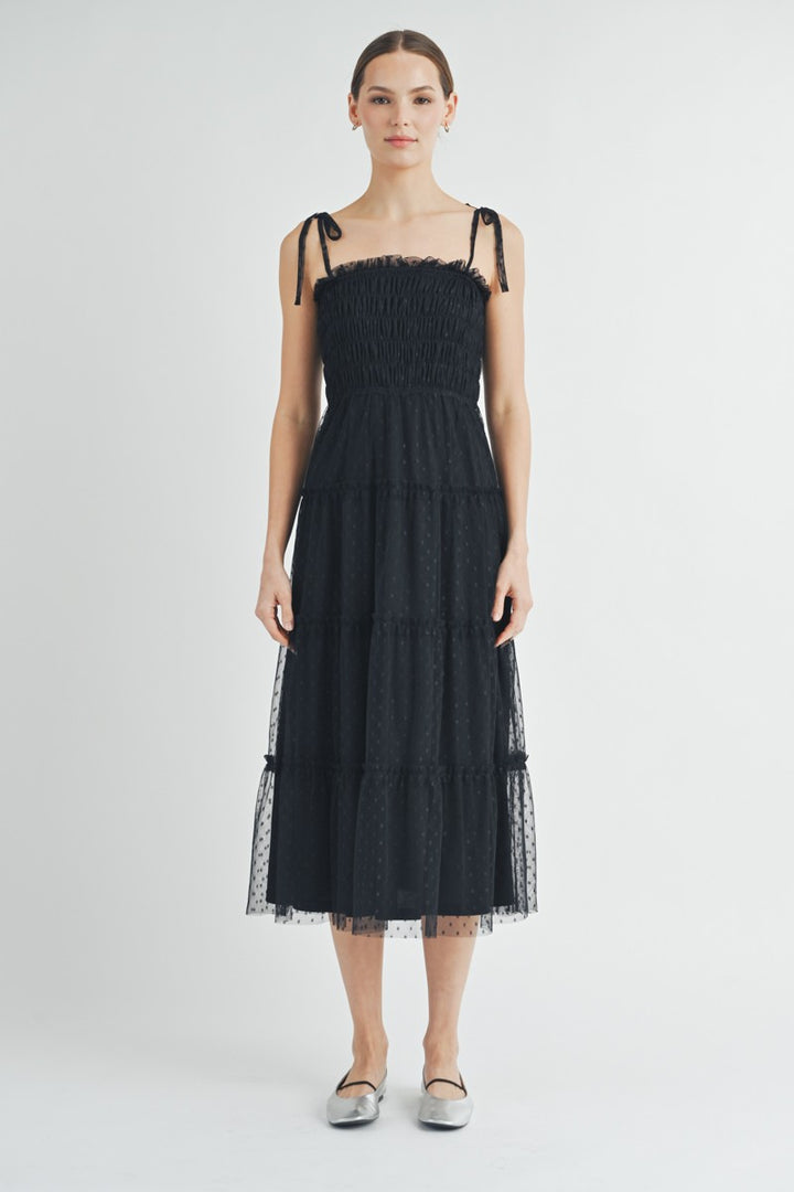 Black Smocked Mesh Midi Dress | ABED7508