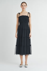 Black Smocked Mesh Midi Dress | ABED7508