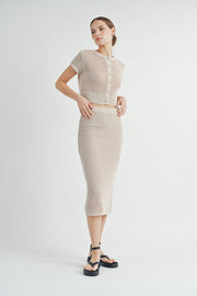 Open-Knit Sweater Cardigan Sweater Skirt Set | ABJT7500ABJB7501