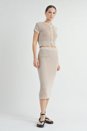 Open-Knit Sweater Cardigan Sweater Skirt Set | ABJT7500ABJB7501