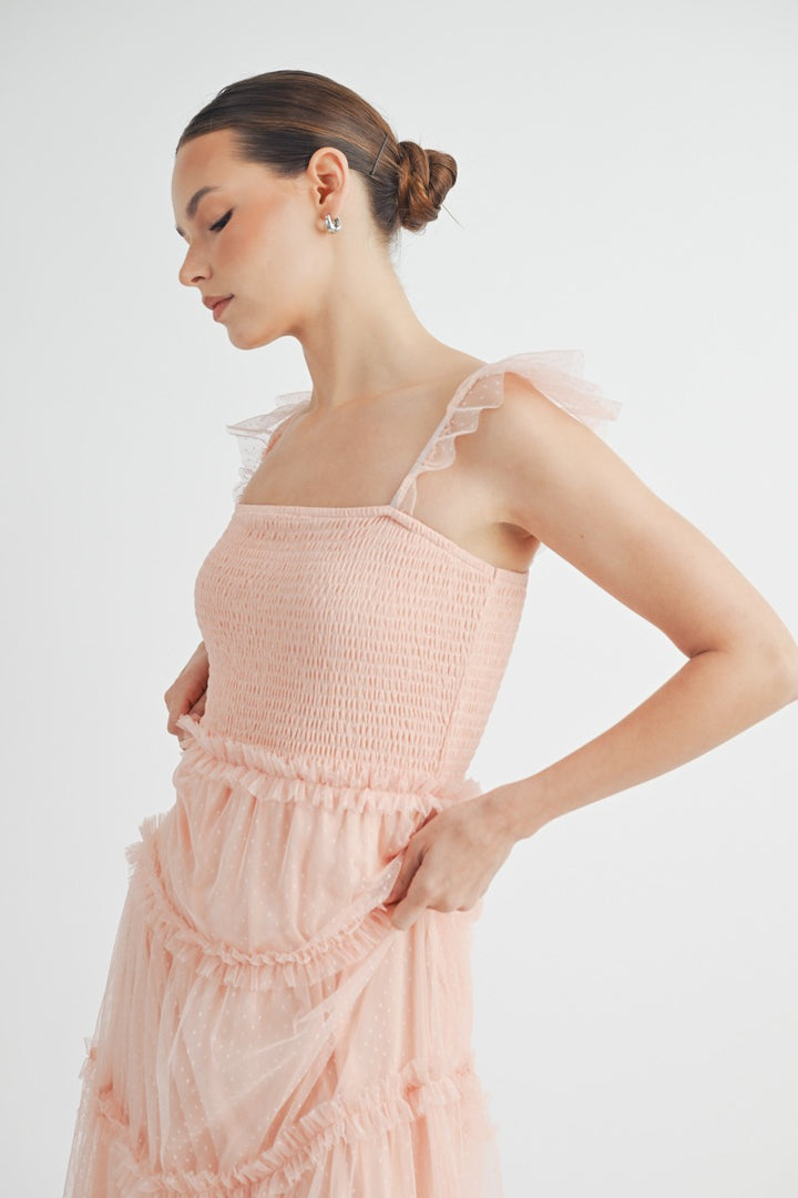 smocked mesh dress Tiered Mesh Lace Floral Dress