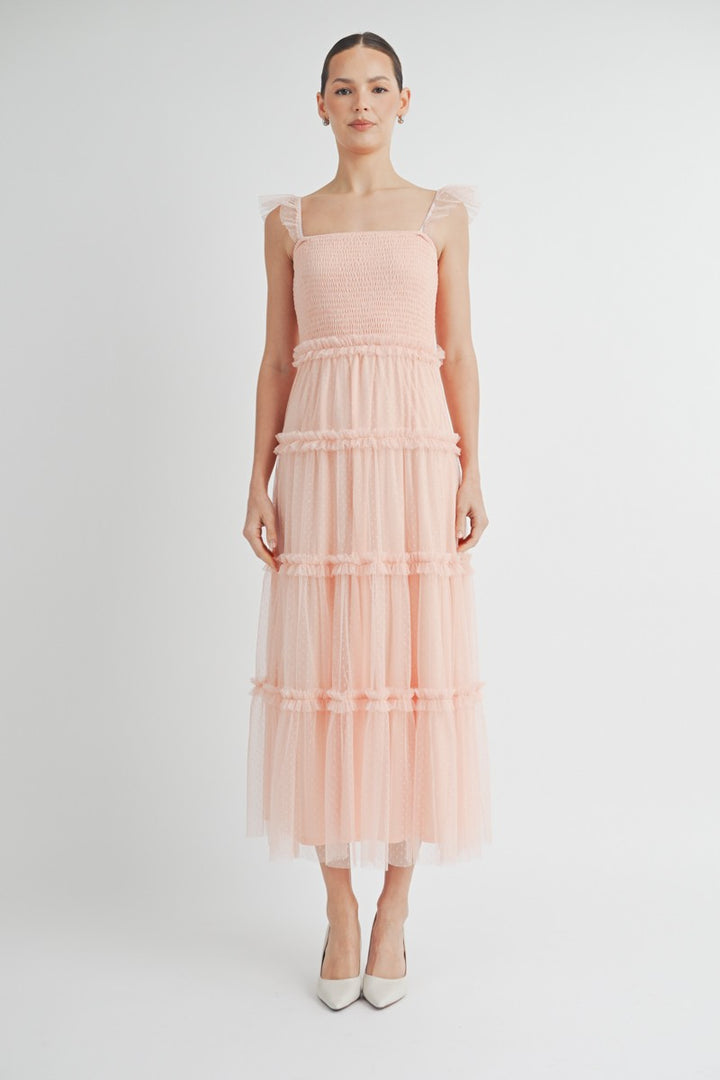 Smocked Mesh Midi Dress | ABED7524