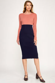 Color Block Ribbed Knit Midi Dress with Side Slit | ABES7513 PINK NAVY