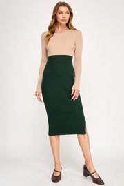Color Block Ribbed Knit Midi Dress with Side Slit | ABES7513 PINK NAVY