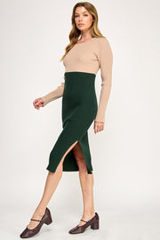 Color Block Ribbed Knit Midi Dress with Side Slit | ABES7513 PINK NAVY
