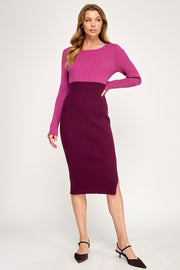 Color Block Ribbed Knit Midi Dress with Side Slit | ABES7513 PINK NAVY