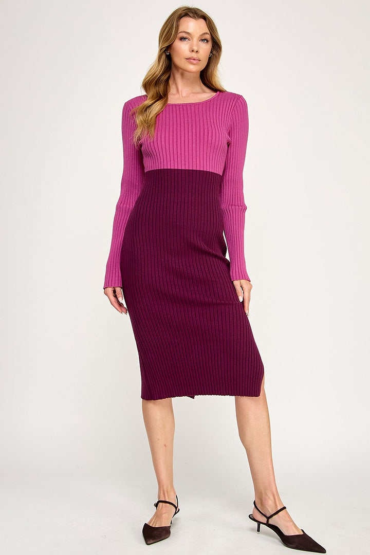Color Block Ribbed Knit Midi Dress with Side Slit | ABES7513 TAUPE GRE